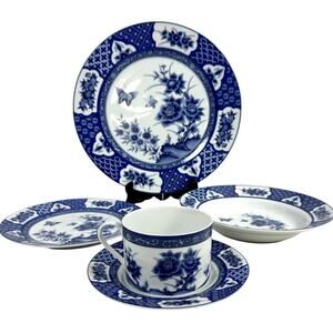 Imari Blossom China Retired Blue White Floral Butterfly 5-PC Place Setting-Rare!